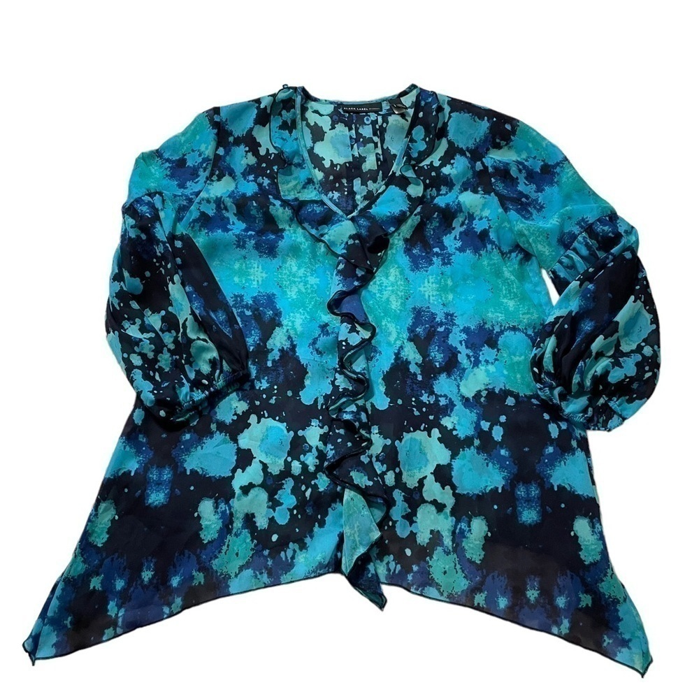 Chico's Black Label Aqua Blue Watercolor Floral Ruffle Front Blouse. Size 4 - Picture 7 of 11